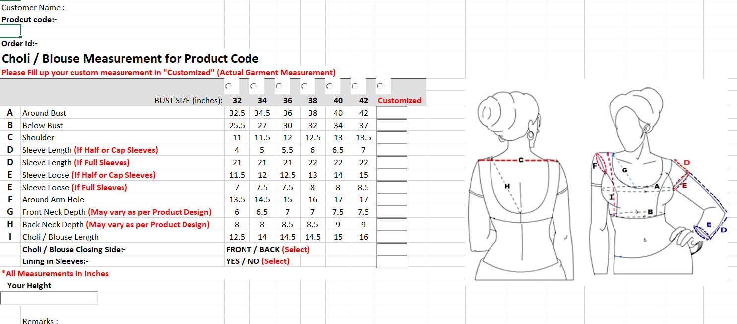 Saree Blouse Measurement Template